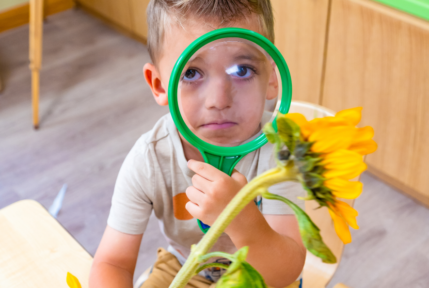 Toddler looking towards the camera via a magnifying glass.