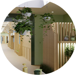 A circular view of a hallway with plants hanging from the ceiling.